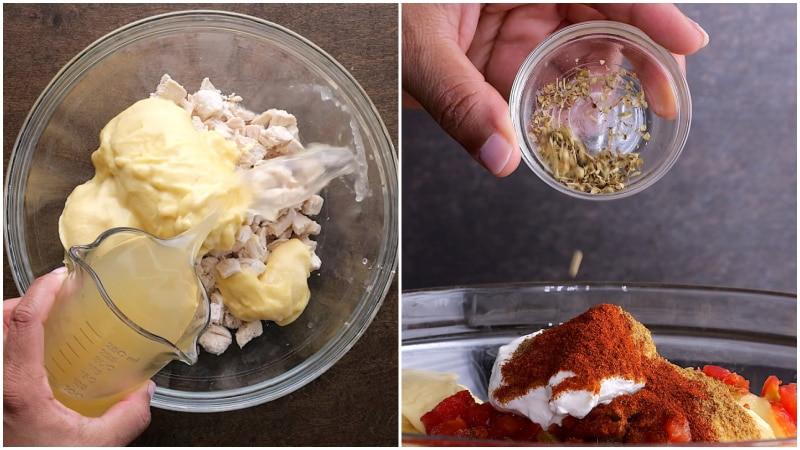 Mixing the chicken filling.