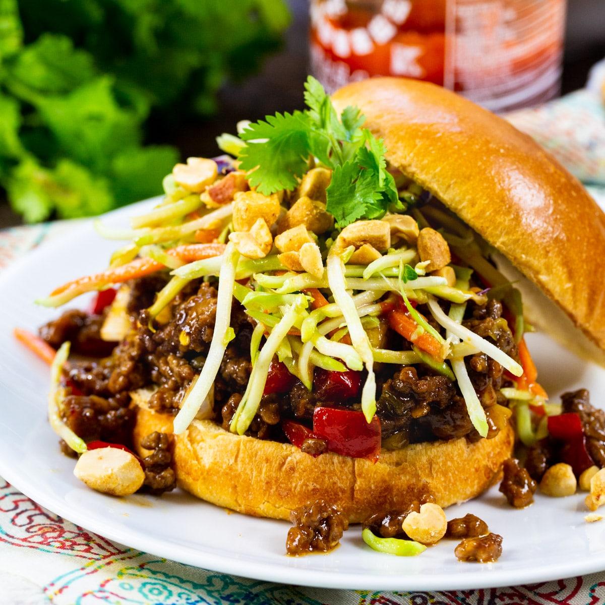 Kung Pao Sloppy Joes with broccoli slaw