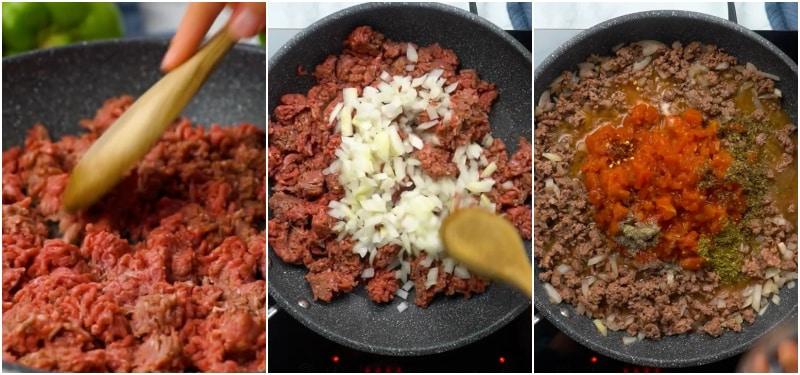Making the meat sauce.