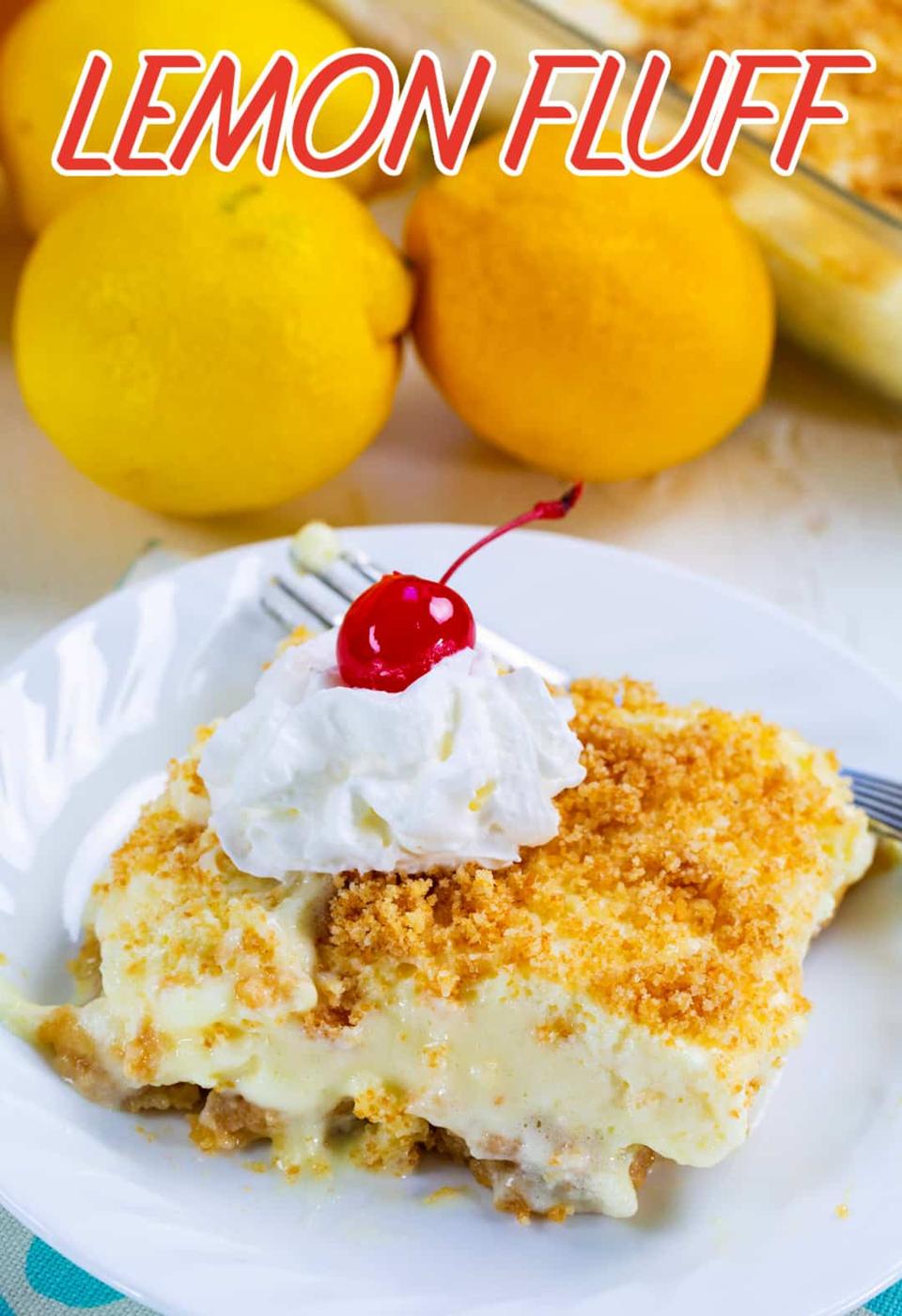 Slice of Lemon FLuff on a plate.