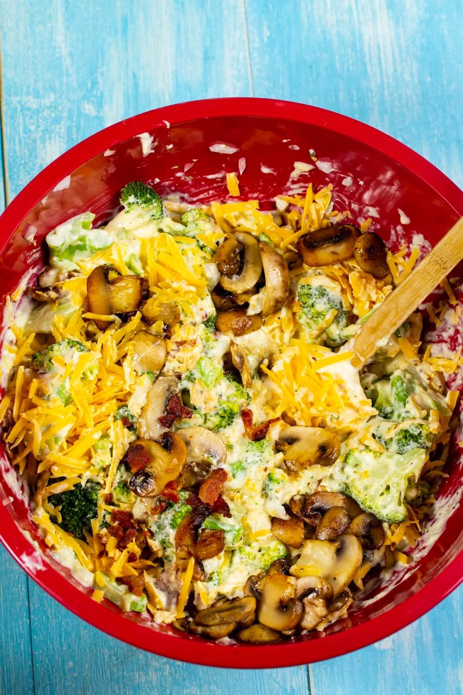 Casserole ingredients mixed together in bowl.
