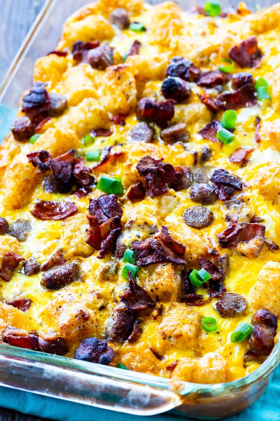 Tater Tot Breakfast Casserole in baking dish.