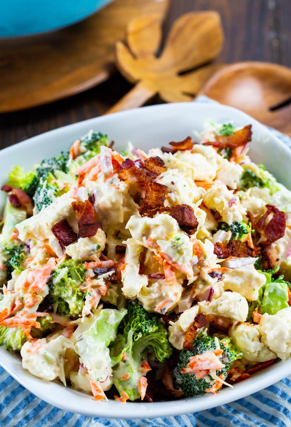 Broccoli Salad in white serving bowl.