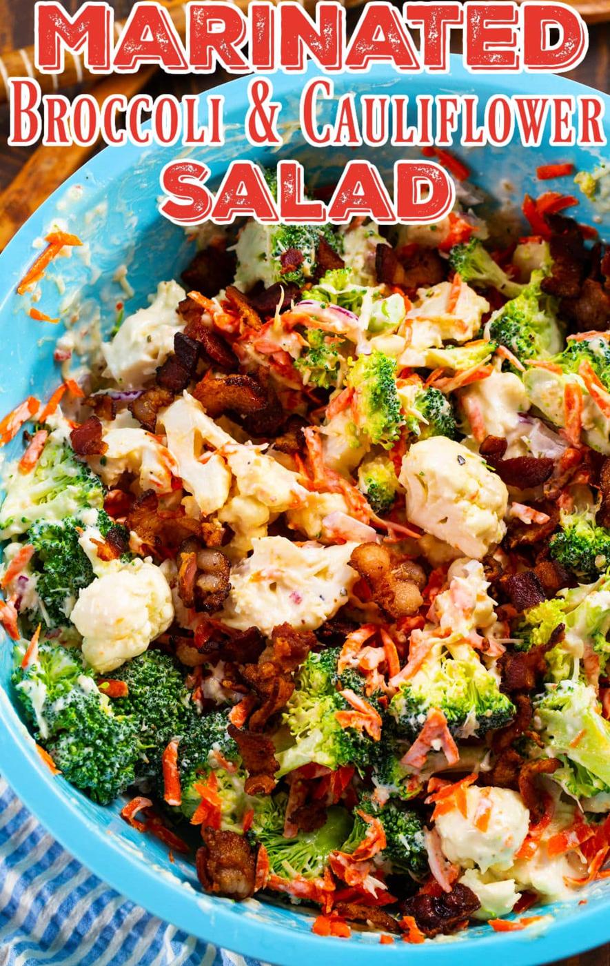 Marinated Broccoli and Cailiflower Salad in large blue bowl.