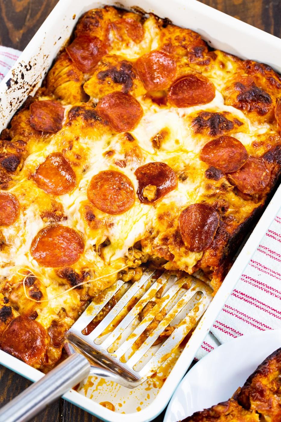 Bubble Up Pizza in baking dish.