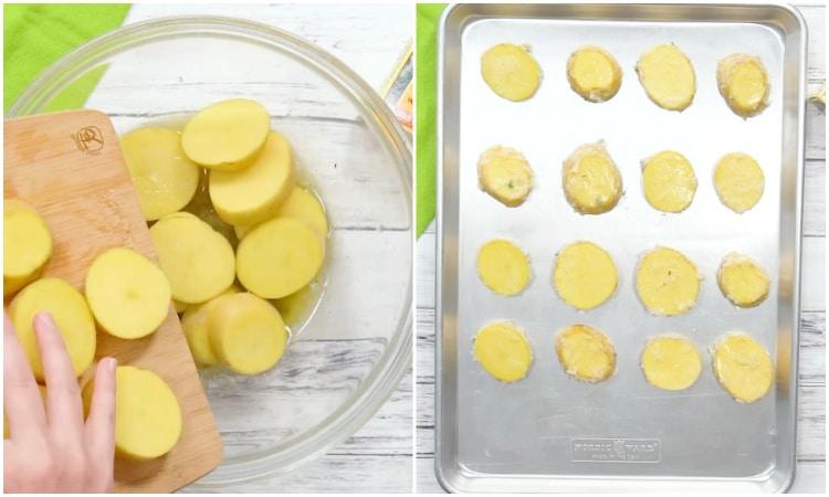 Adding potatoes to butter mixture.