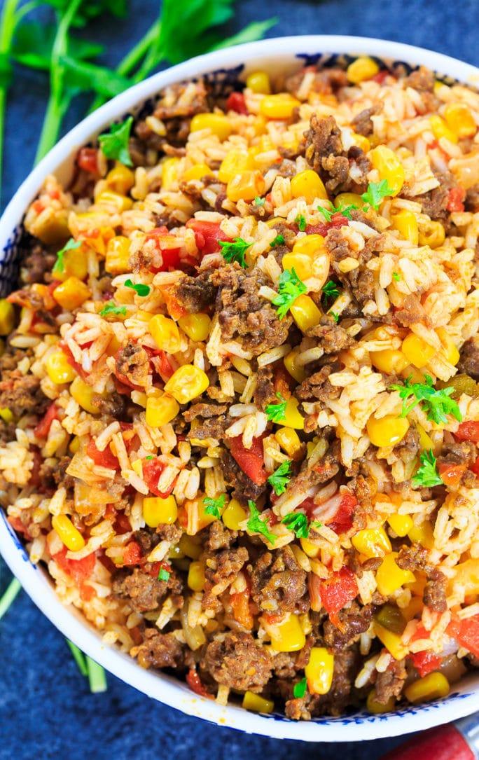 Mexican Chorizo Rice with corn and Rotel tomatoes.
