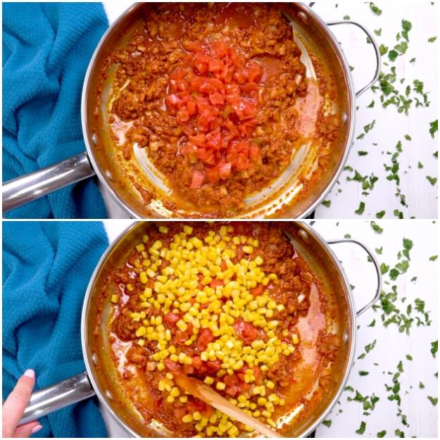 Adding tomatoes and corn.
