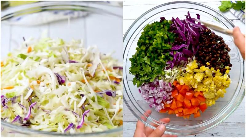 Coleslaw ingredients in bowl.