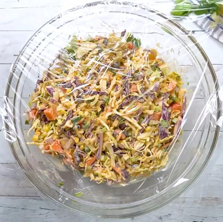 Plastic wrap over bowl so it can go in refrigerator.