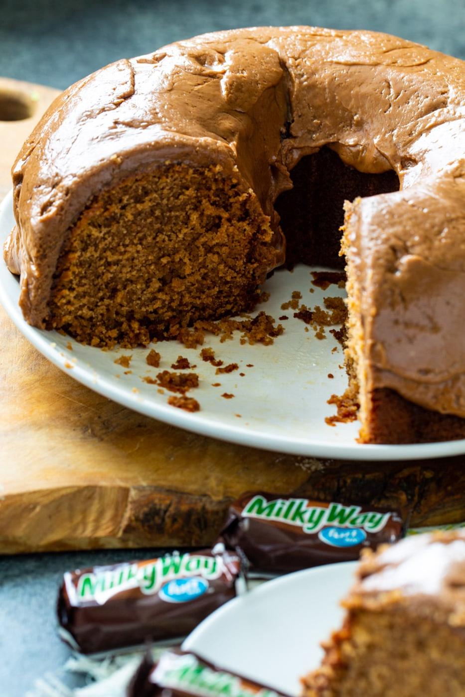 Milky Way Pound Cake with a few slices cut out.