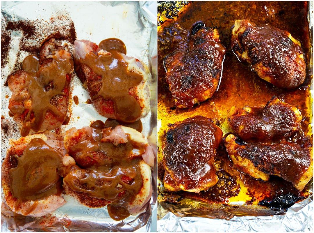 Uncooked chicken on left and finished product on right.