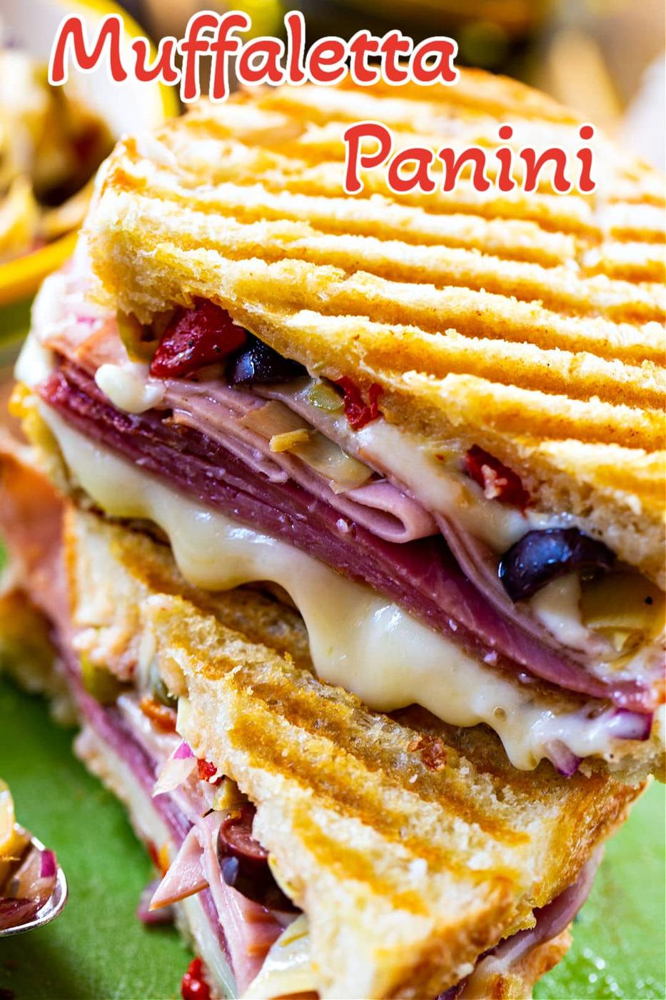 Up-close of panini cut in half.