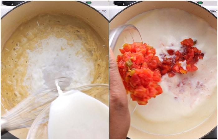 Adding the milk and rotel tomatoes.