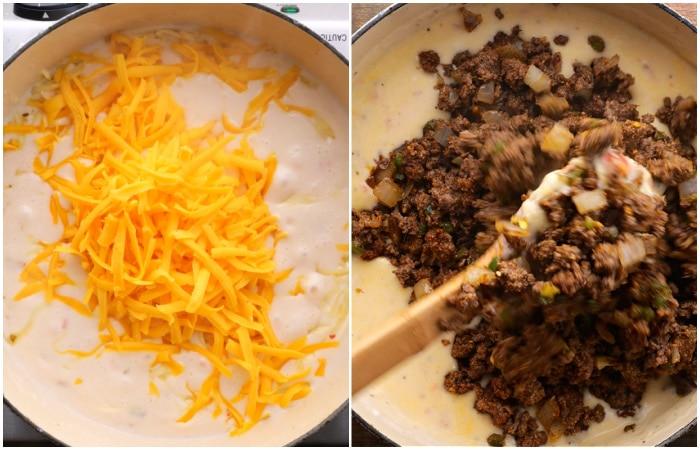 Adding cheese and ground beef mixture.