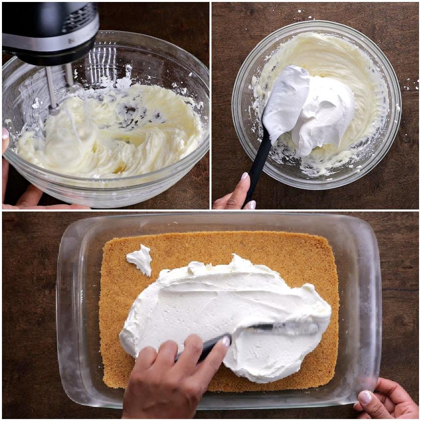 Making the cream cheese layer and spreading it over the crust.