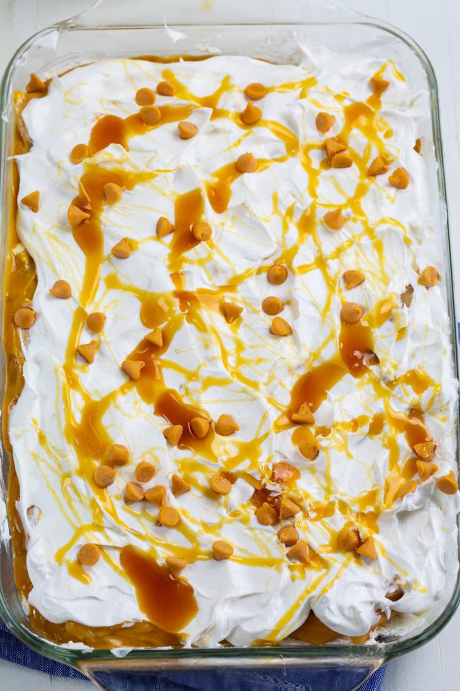 No-Bake Caramel Apple Lush in baking dish.