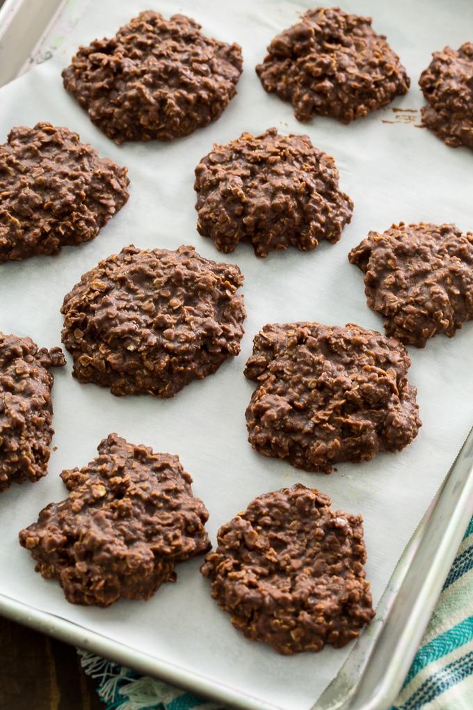 No-Bake Chocolate Oatmeal Cookies on baking sheet.