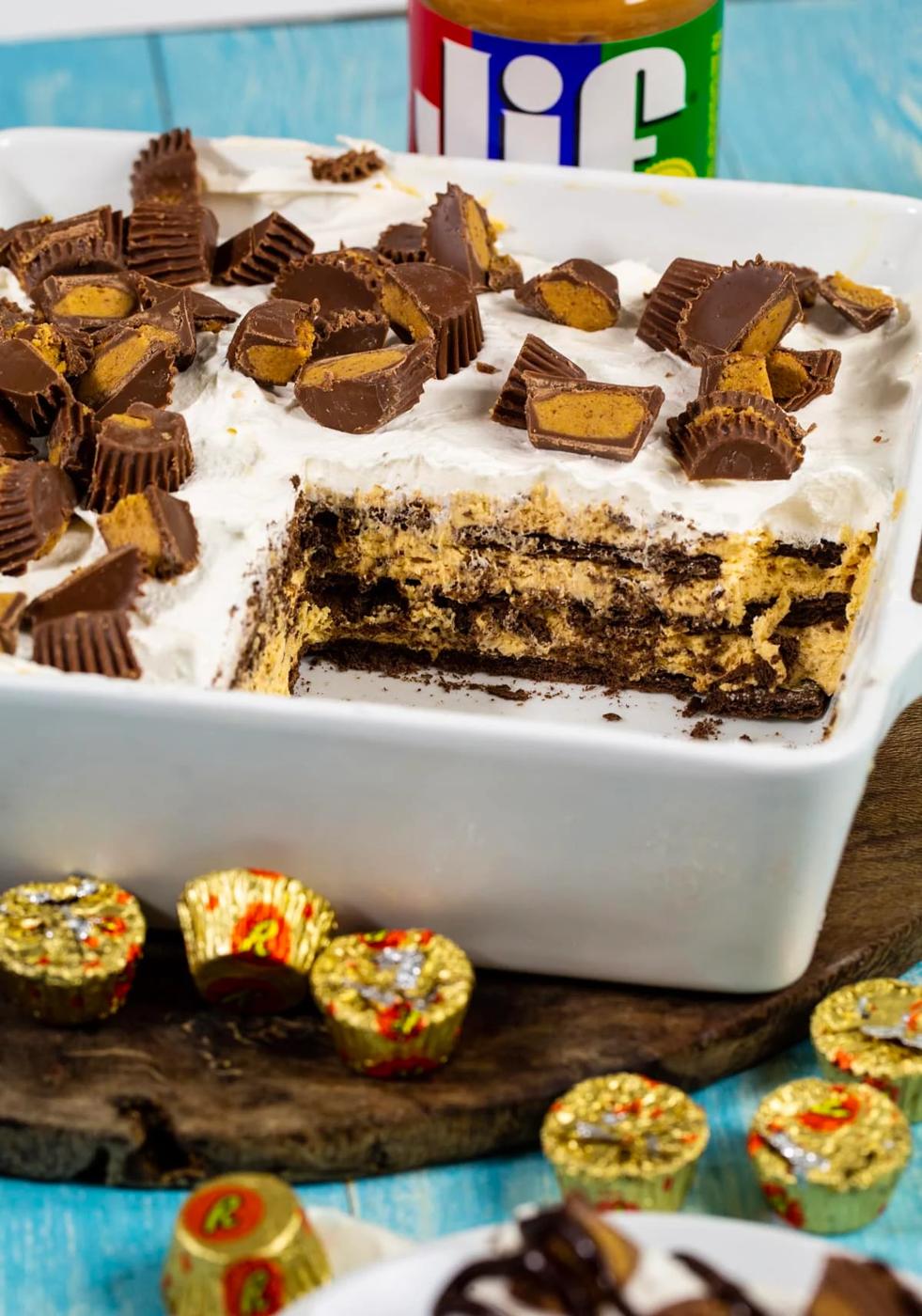Icebox cake in a baking dish.