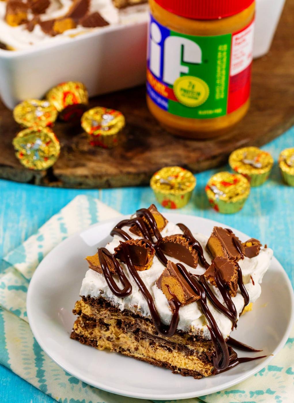 Piece of icebox cake on a small plate.