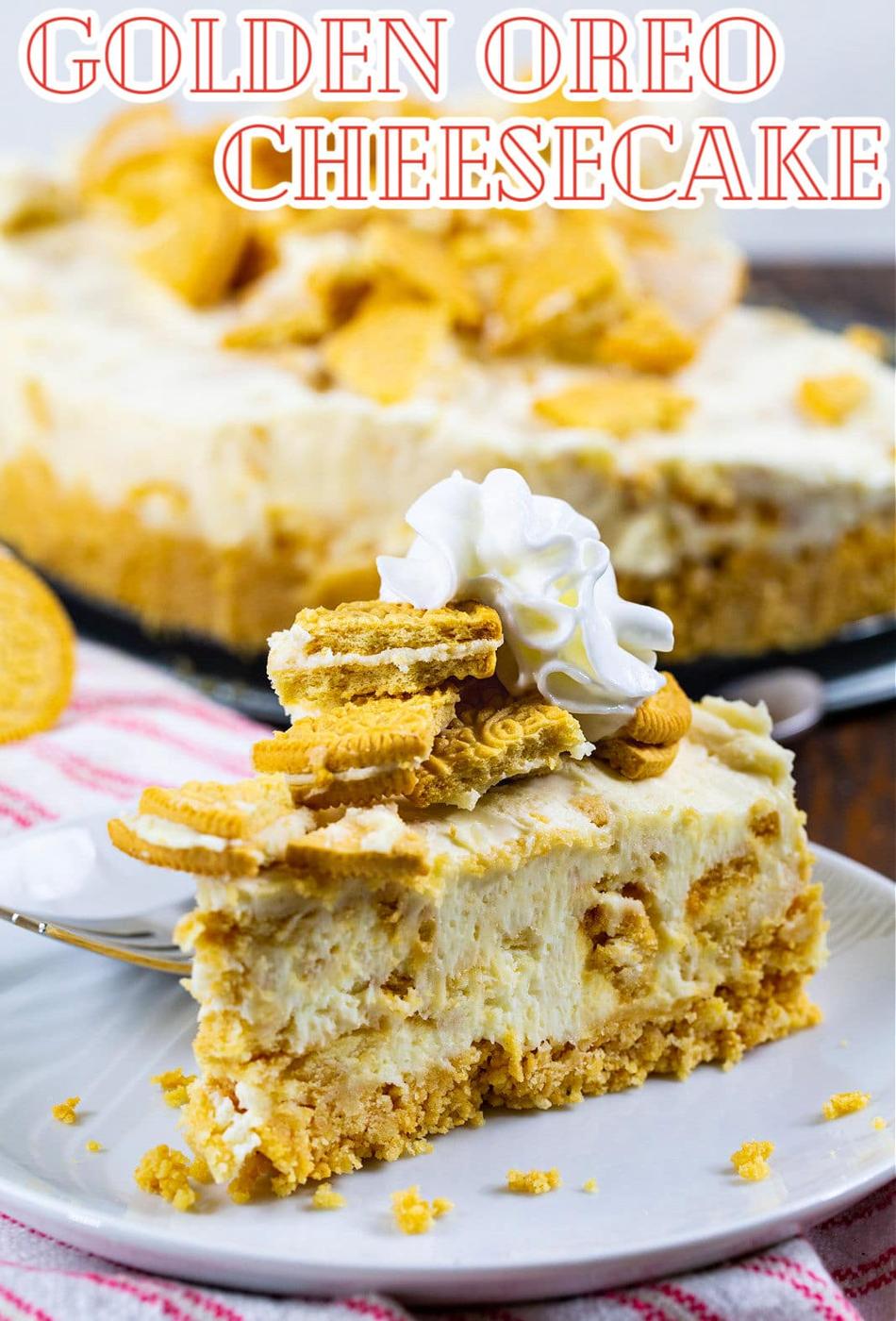 Slice of No-Bake Golden Oreo Cheesecake.