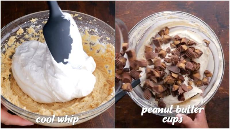 Adding Cool Whip and peanut butter cups.