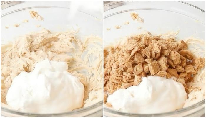Adding cool whip and cookies to fliing.