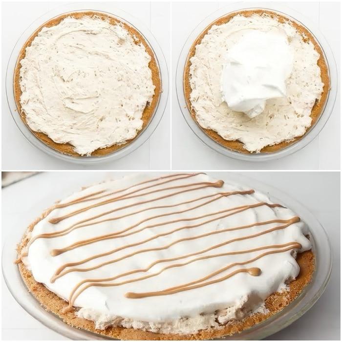 Filling transferred to pie crust and cool whip spread on top.