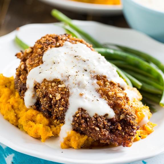 Nutty Fried Chicken with Smashed Sweet Potatoes and Milk Gravy