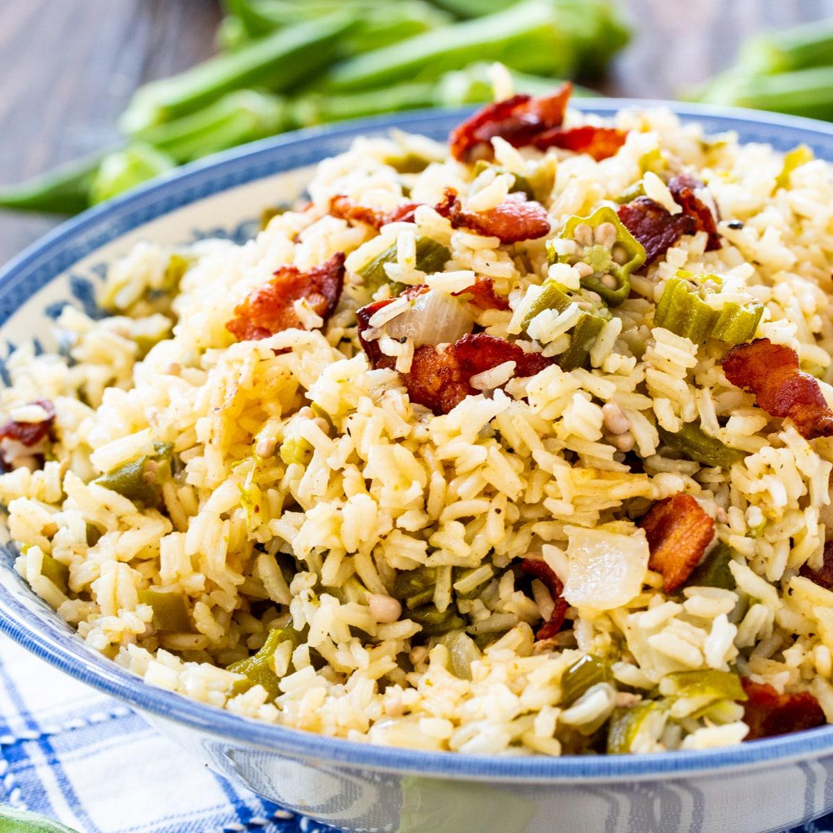 Okra Pilau in a serving bowl.