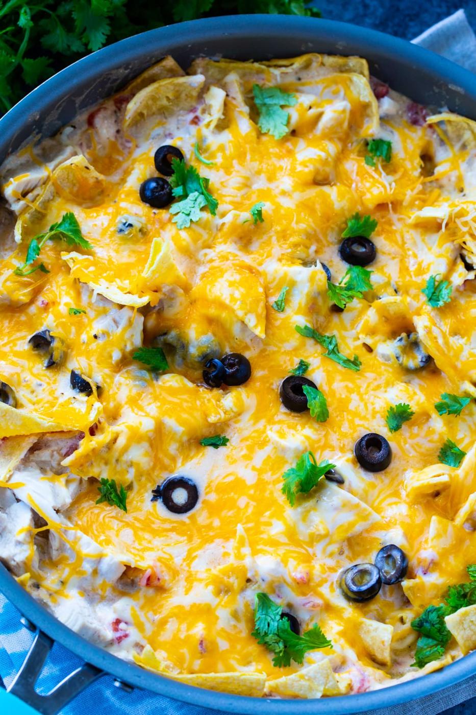 Overhead of One Pot Creamy Chicken Enchilada Skillet in skillet.