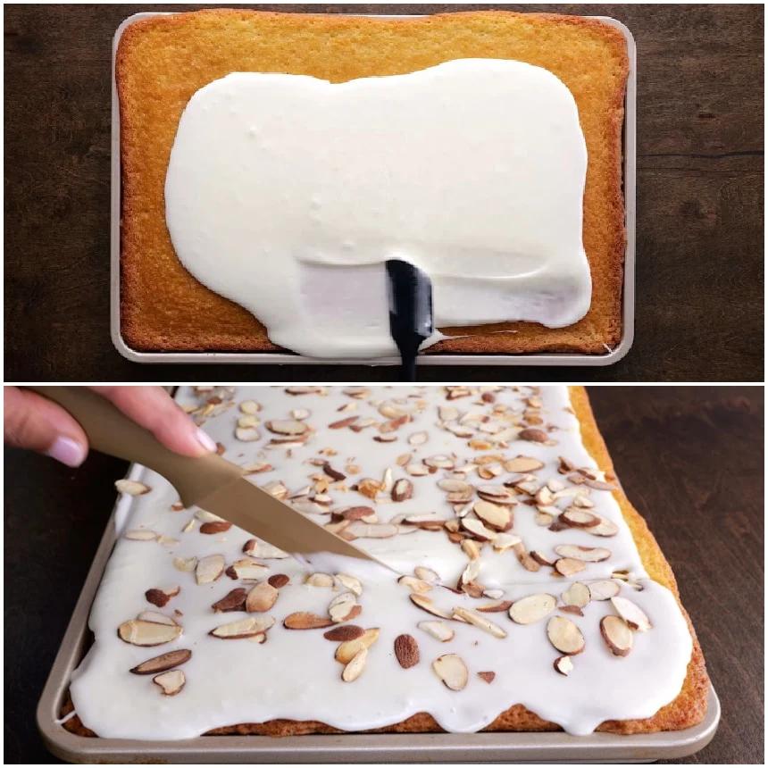 Spreading icing on cake and cutting into squares.
