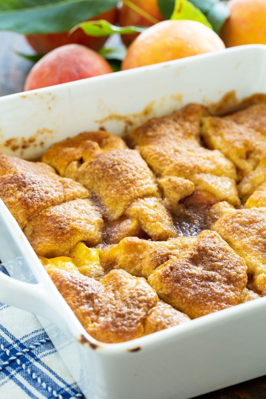 Peach Crescent Dumplings in a white baking dish