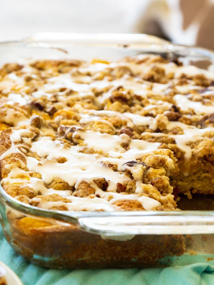 Peach Crisp Coffee Cake in 9x13-inch pan