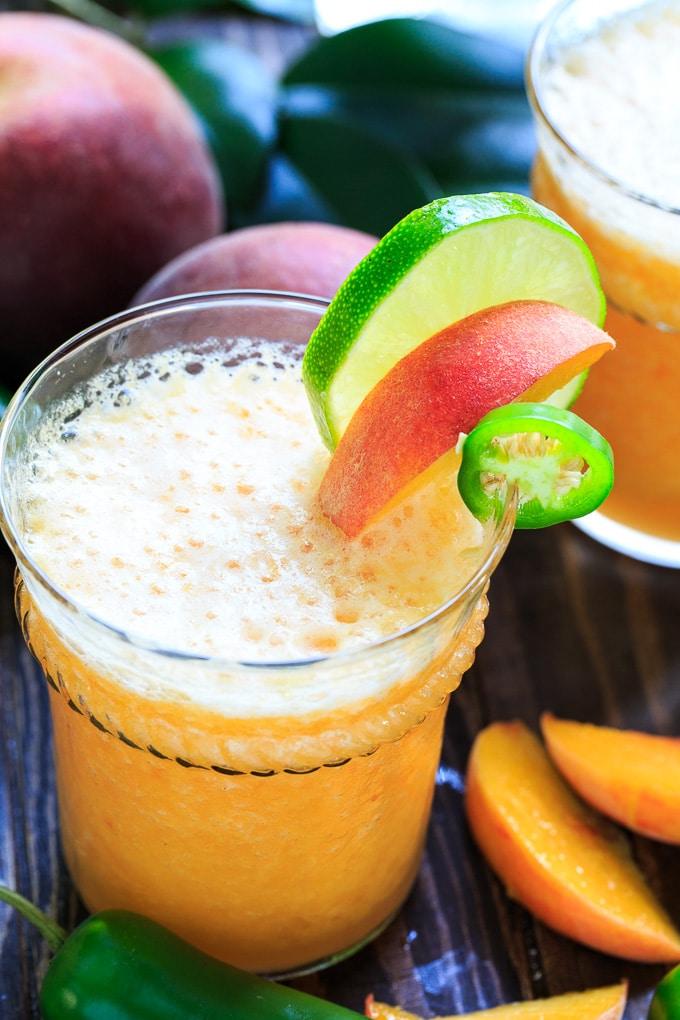 Peach Jalapeno Margarita flavored with jalapeno simple syrup