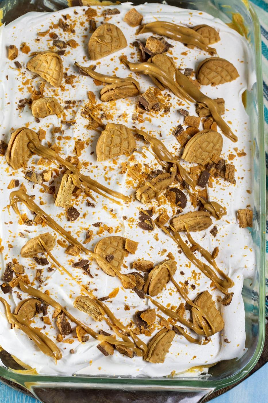 Peanut butter layer dessert in 9x13-inch pan.