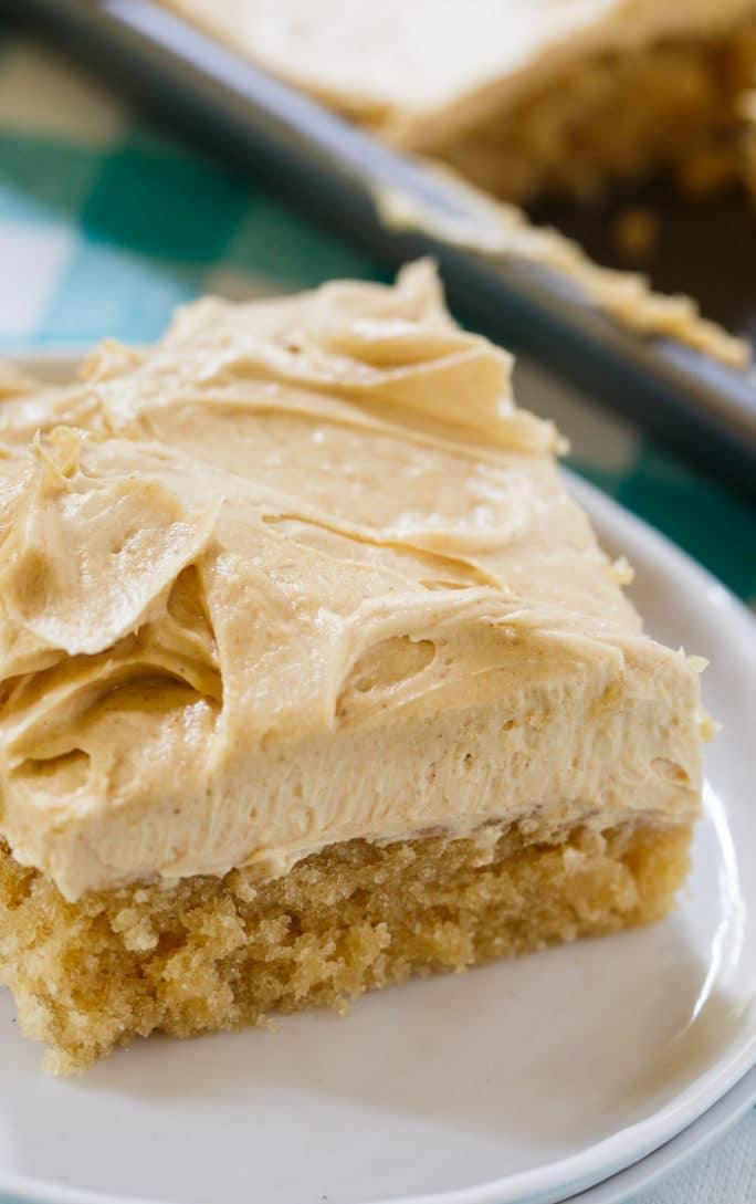 Peanut Butter Sheet Cake with a fluffy peanut butter frosting.