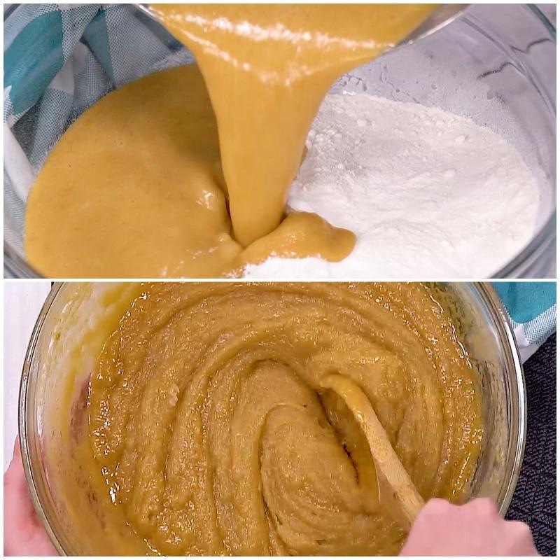 Mixing peanut butter mixture into flour mixture.