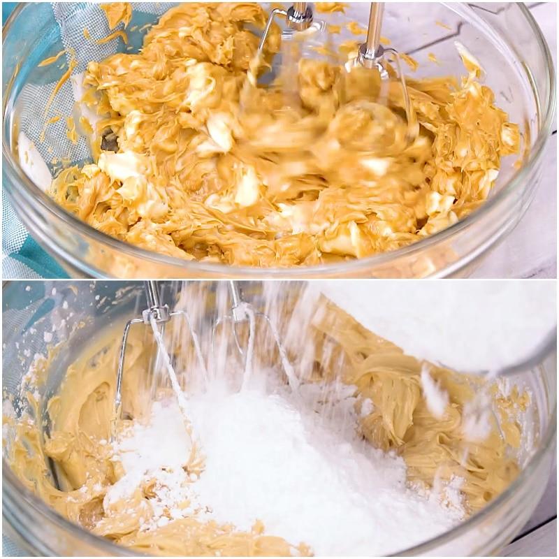 Mixing peanut butter frosting.