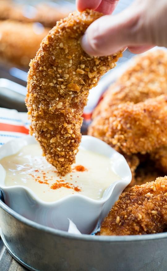 Peanut Crusted Chicken Fingers with Honey Maple Sauce