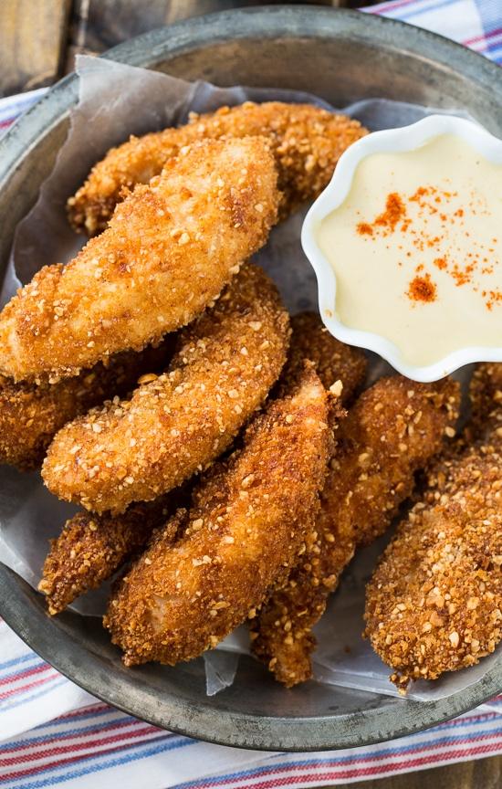 Peanut Crusted Chicken Fingers with Honey Maple Sauce