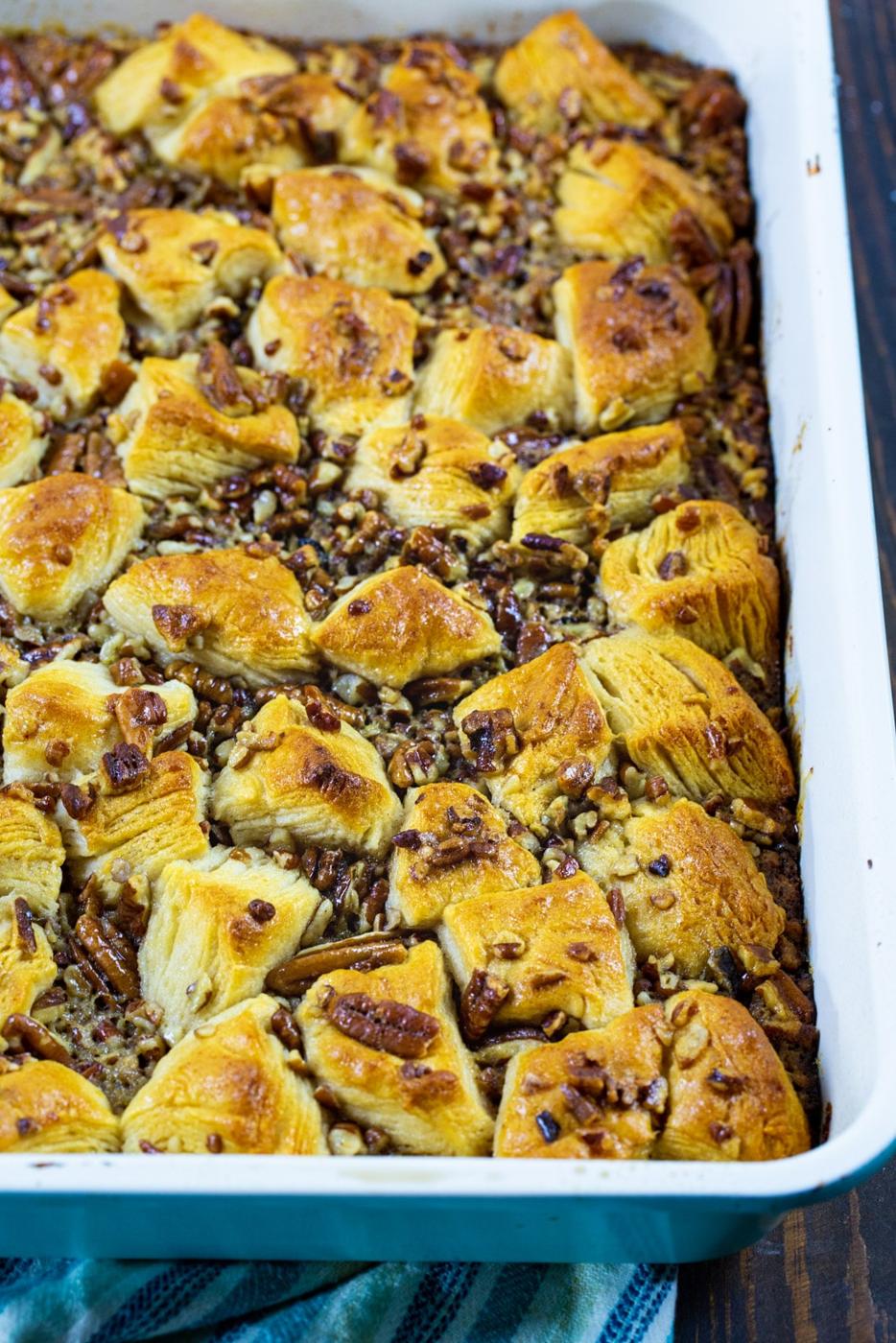 Pecan Pie Bubble Up in a baking dish.