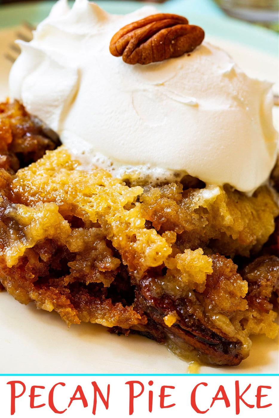Close-up of slice of Pecan Pie Cake.