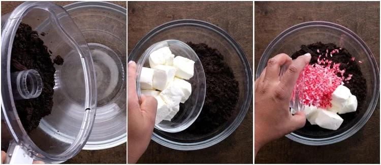 Adding ingredients to mixing bowl.