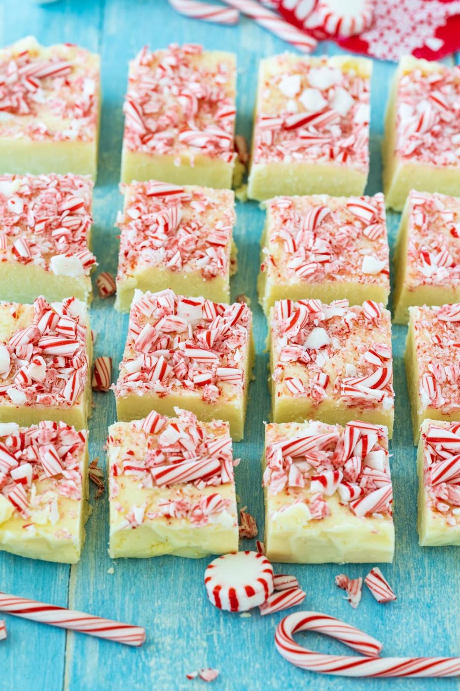 Squares of fudge topped with crushed candy canes.