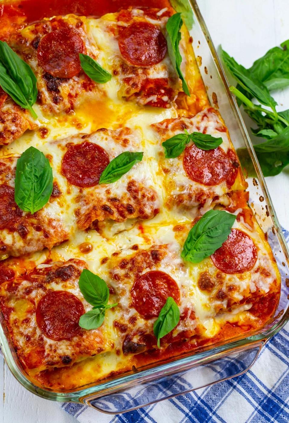 Lasagna Roll-Ups in baking dish.