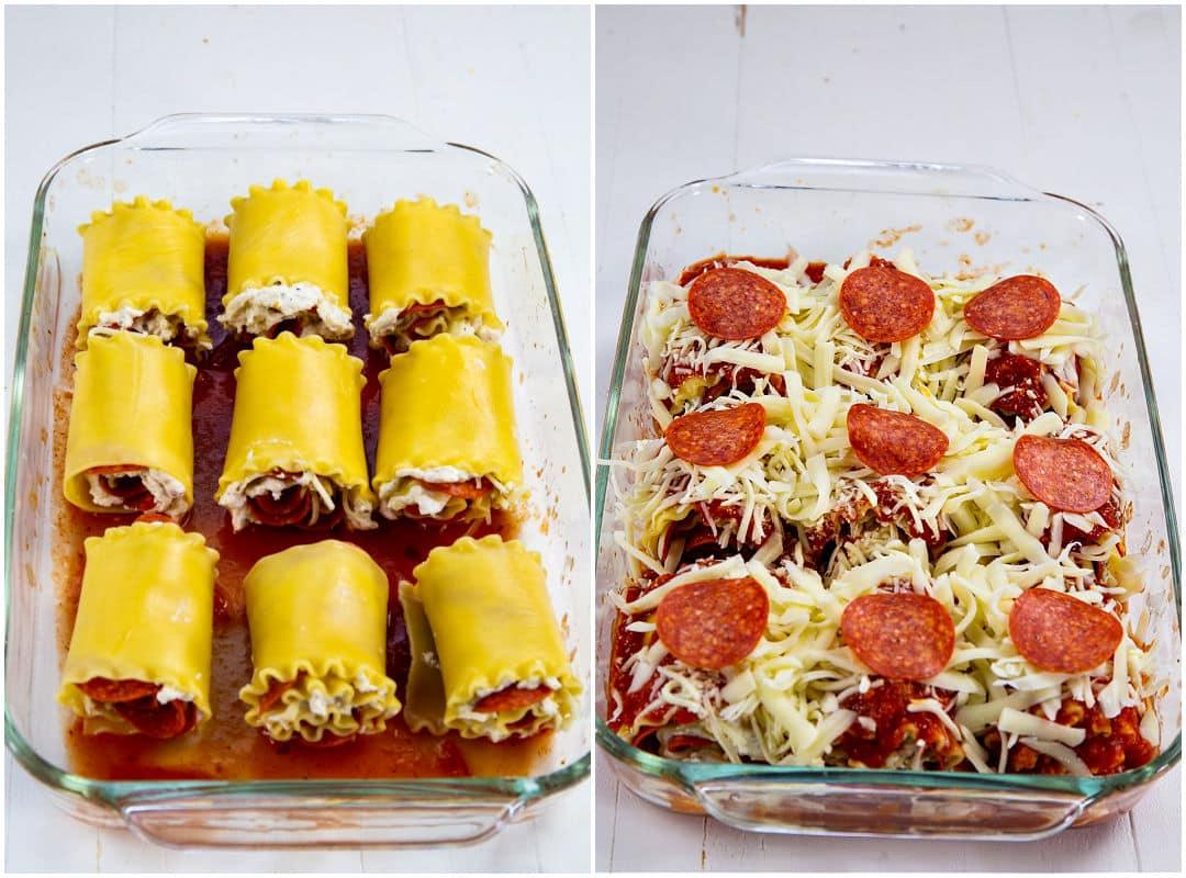 Uncooked lasagna rolls in baking dish.