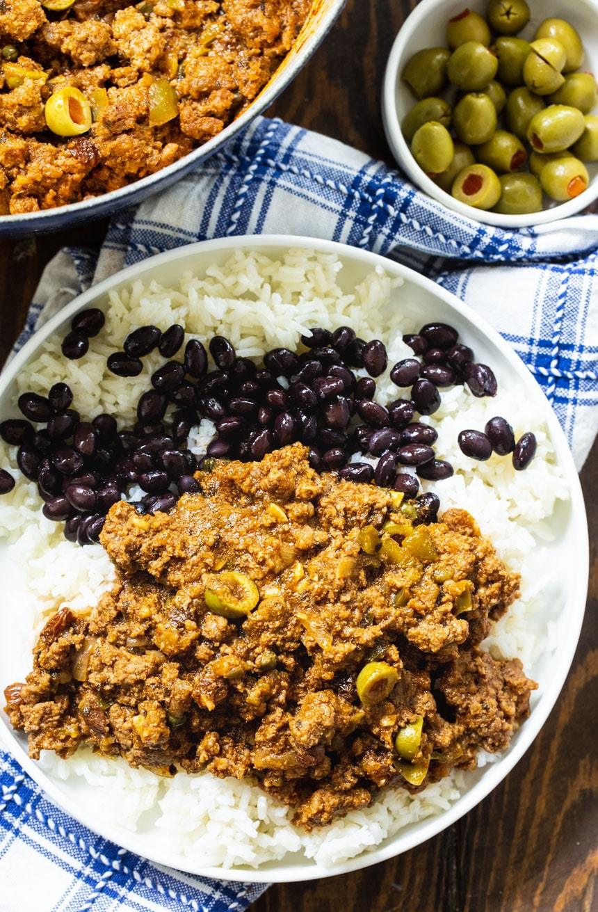 Picadillo with white rice and black beans
