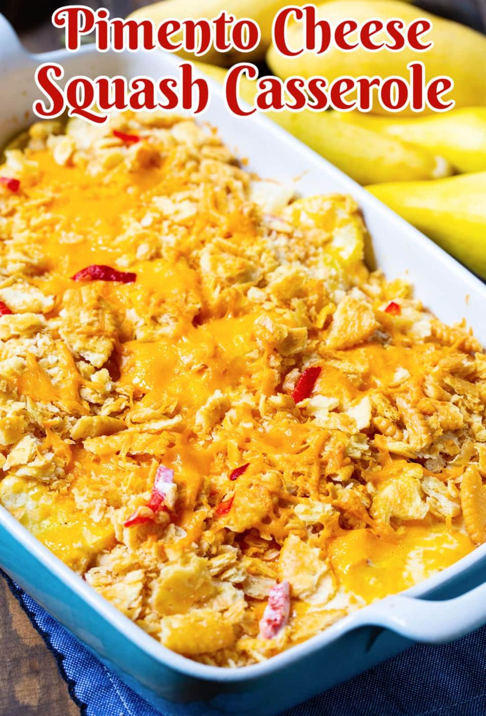 Pimento Cheese Squash Casserole in a baking dish.