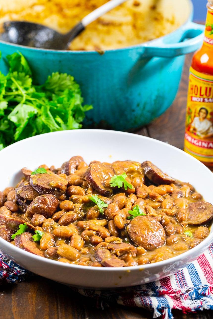 Pintos and Sausage in a bowl.